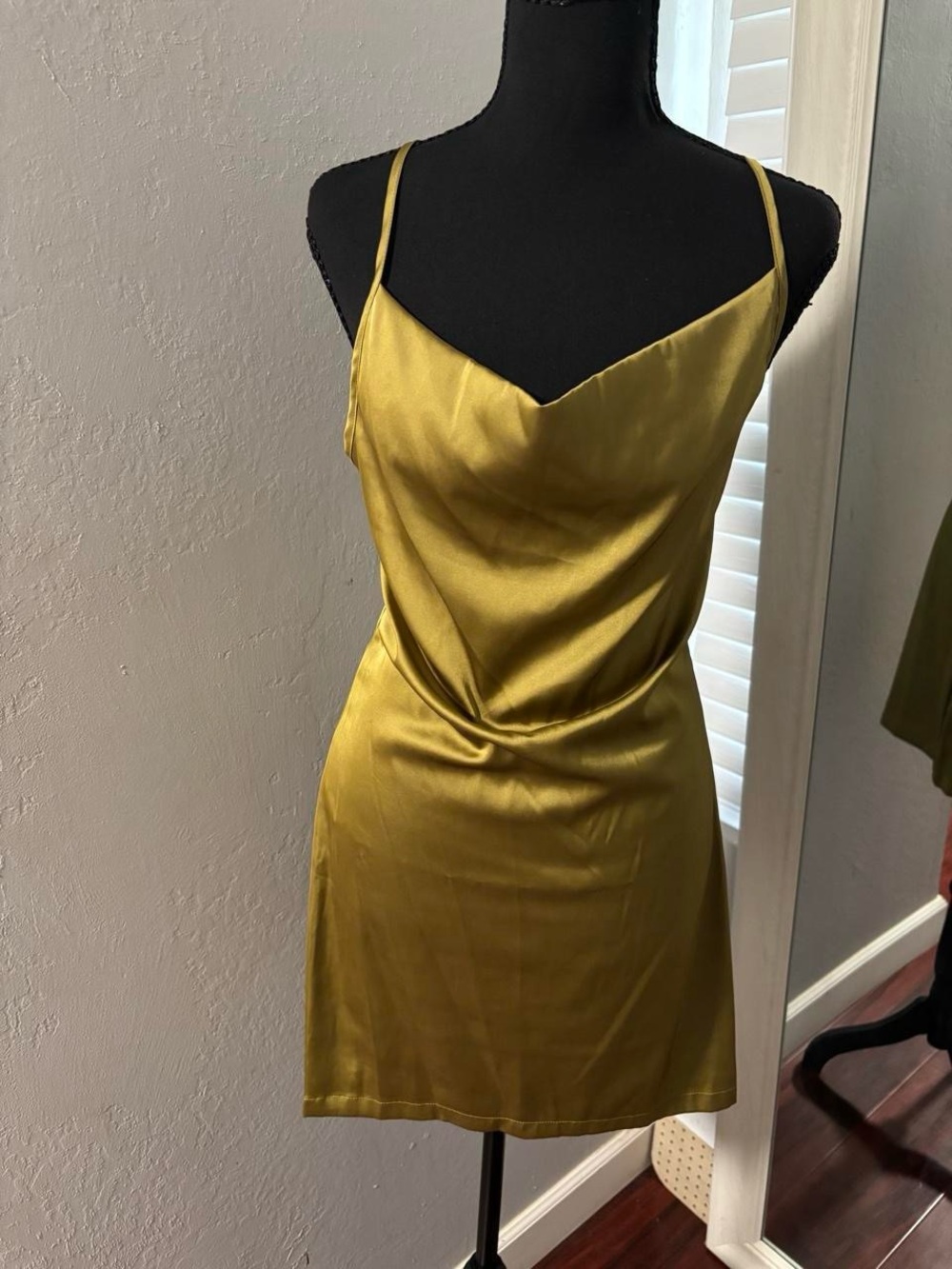 Satin Cowl Neck Slip Dress in Olive